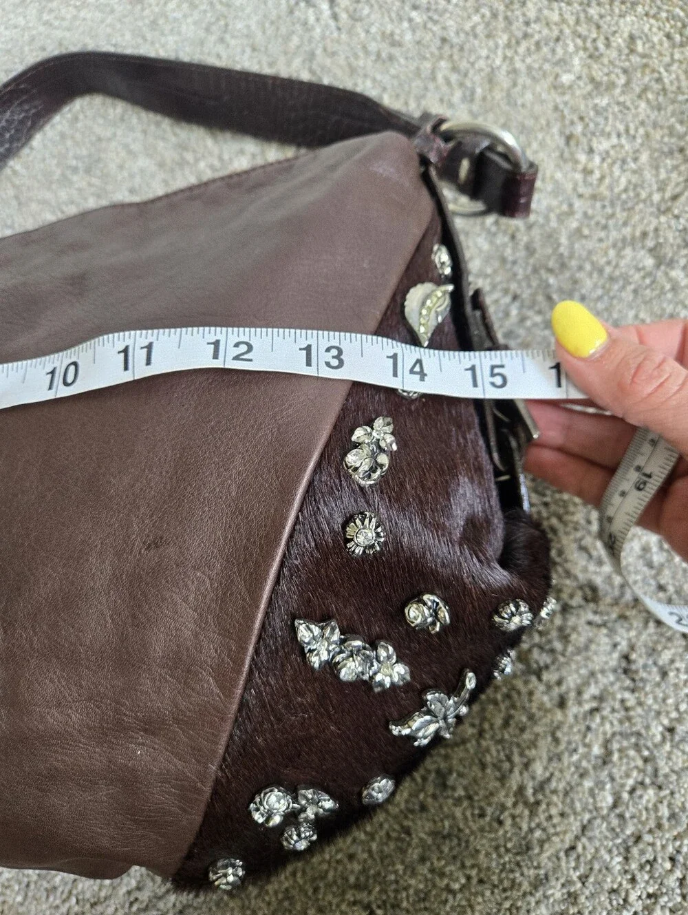 Berge Brown Leather Calfhair Hobo Shoulder Bag Charms Rhinestone Made in Italy